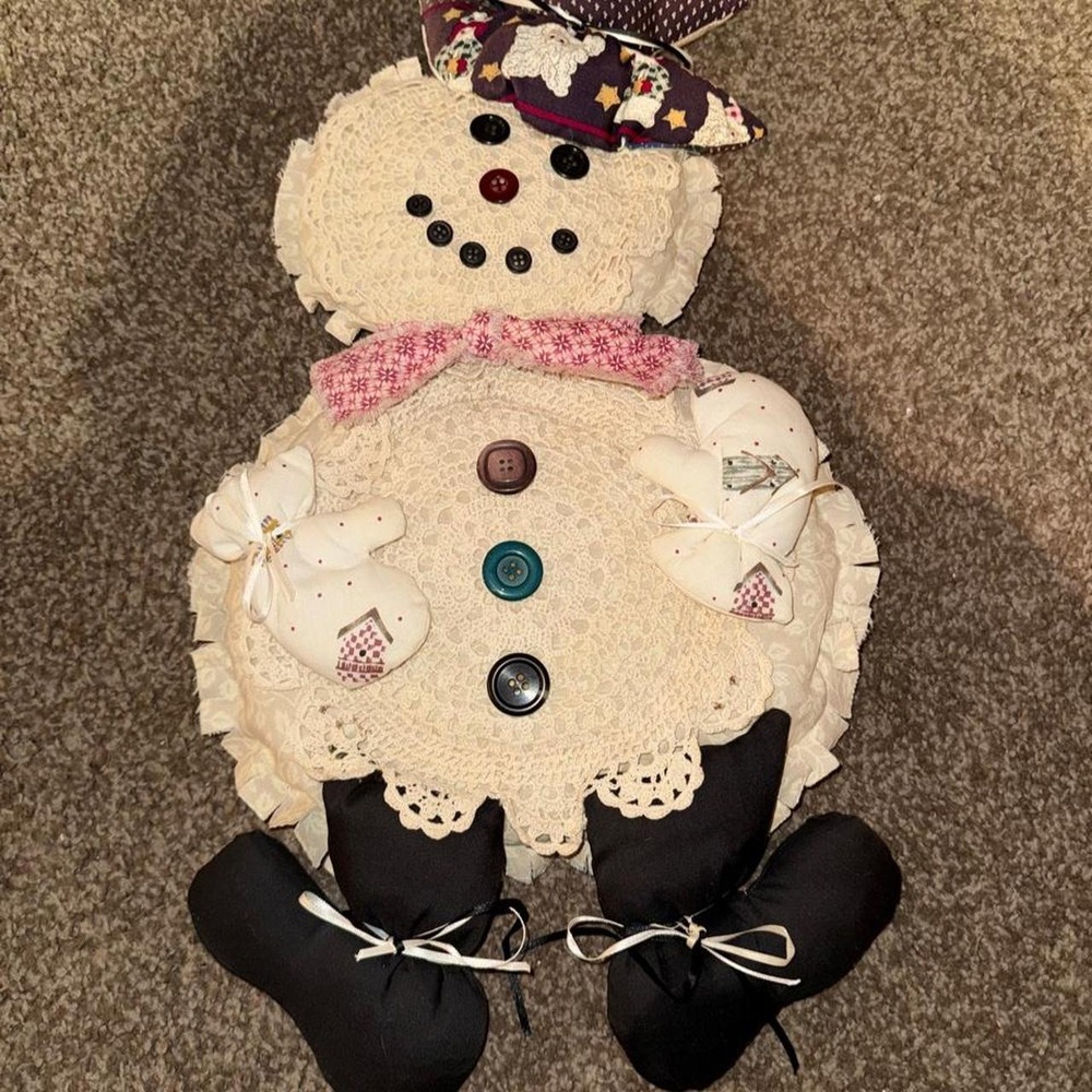 Handmade Vintage Patchwork Snowman Lace Doily Buttons Grannycore Holiday Decor